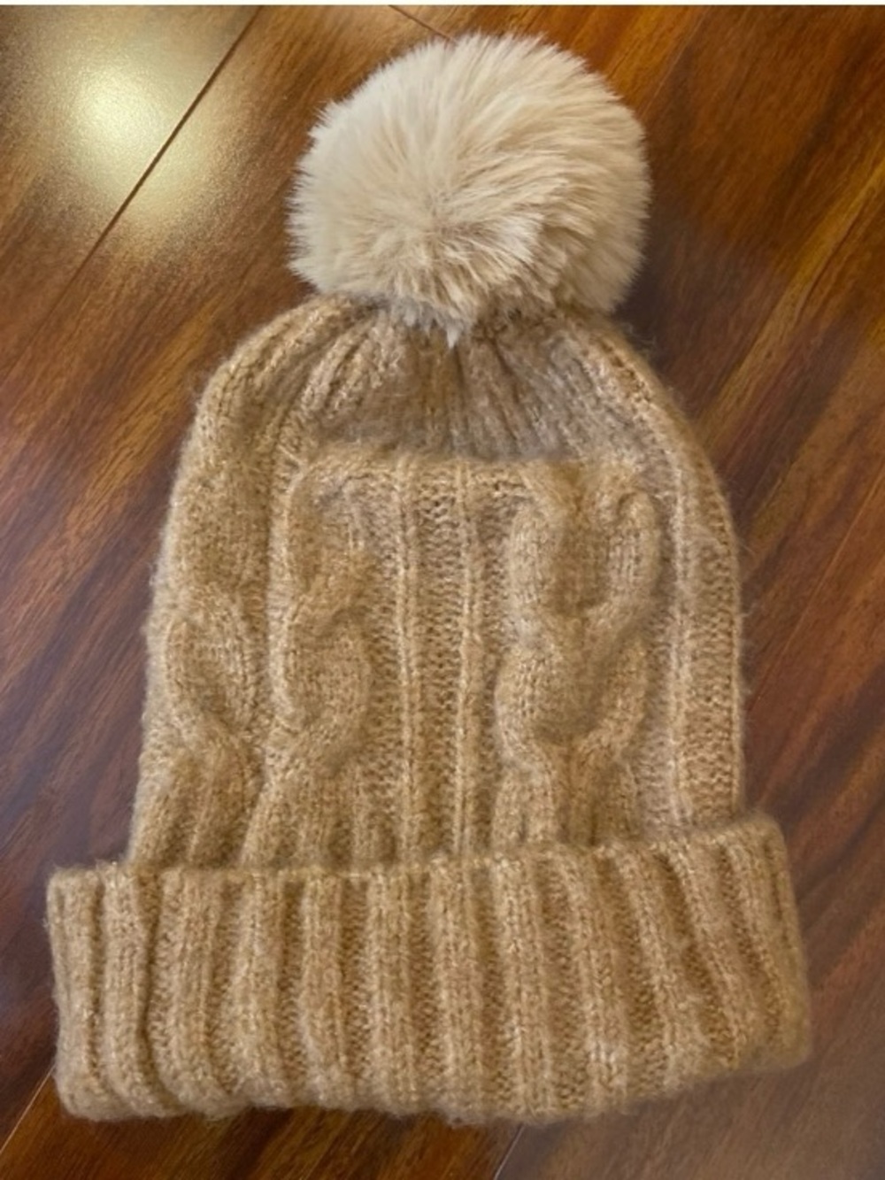 Cozy Cable Knit Pom Pom Beanie in Camel